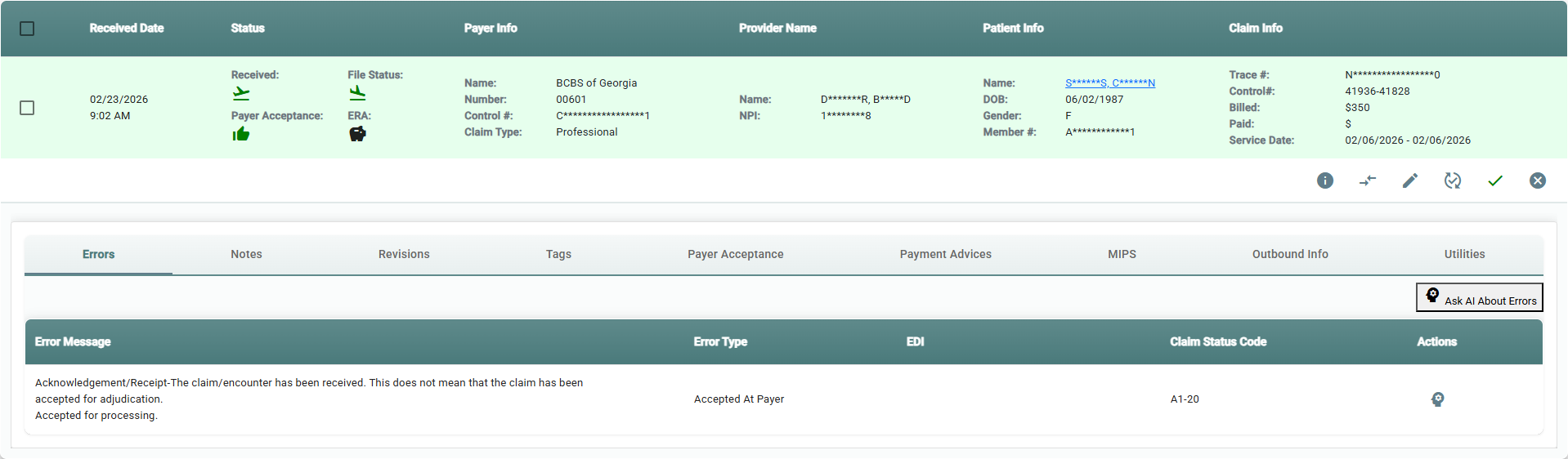 Claim row showing an accepted claim
