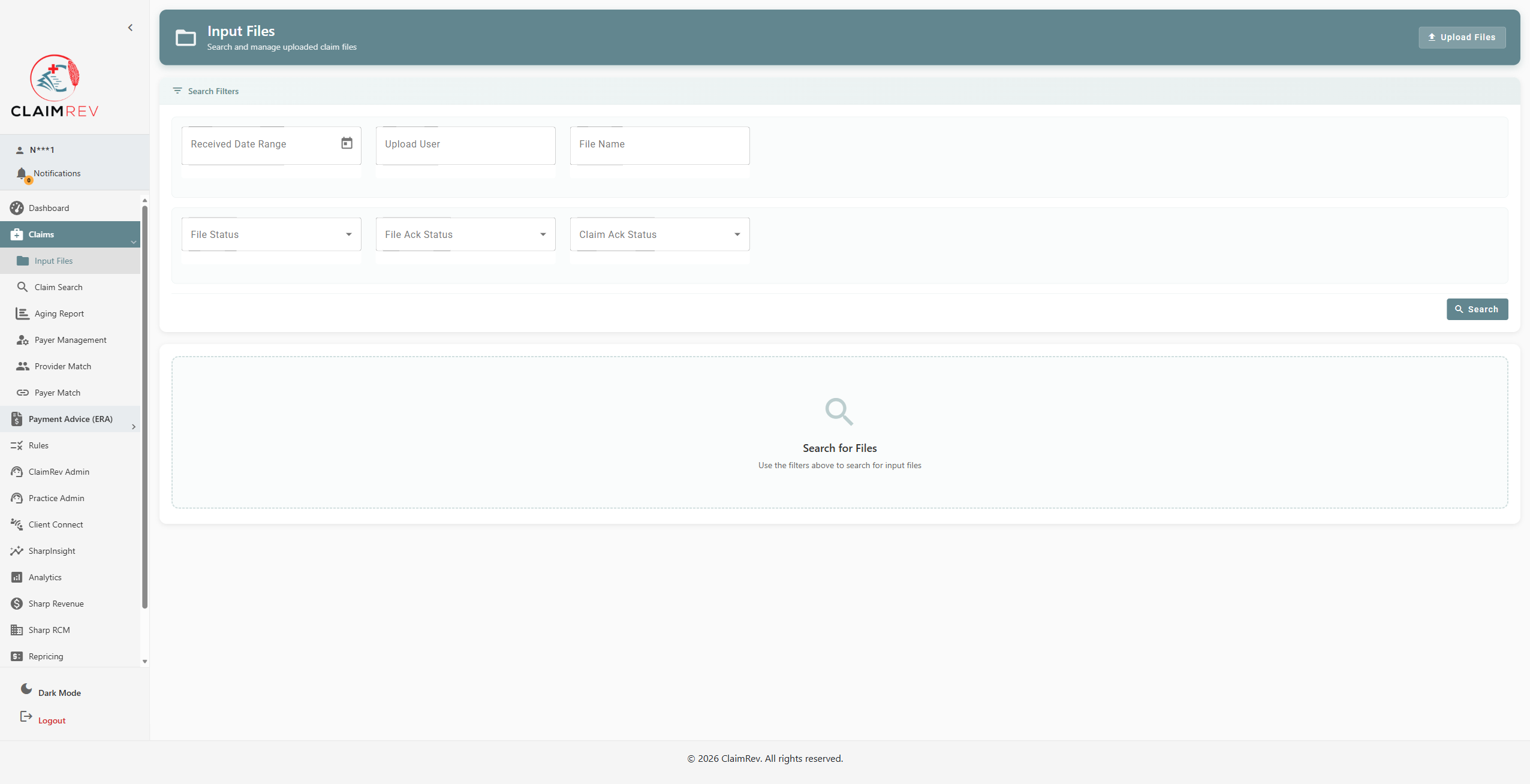 Input Files page with search filters and Upload Files button