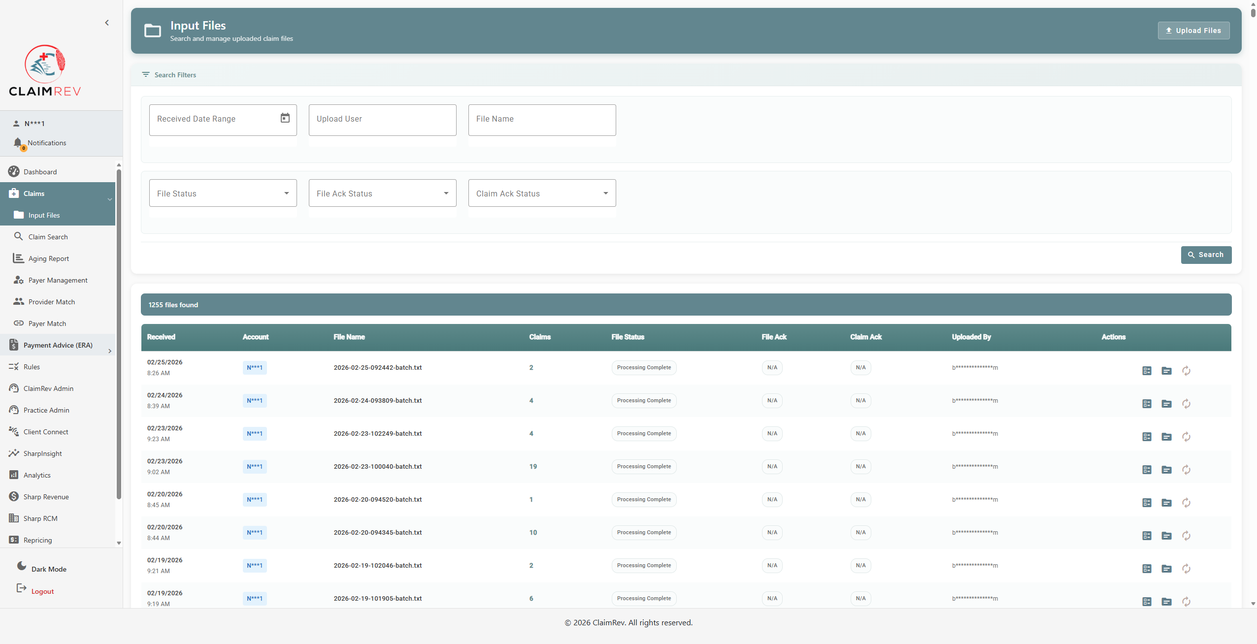 Input Files search results showing uploaded files