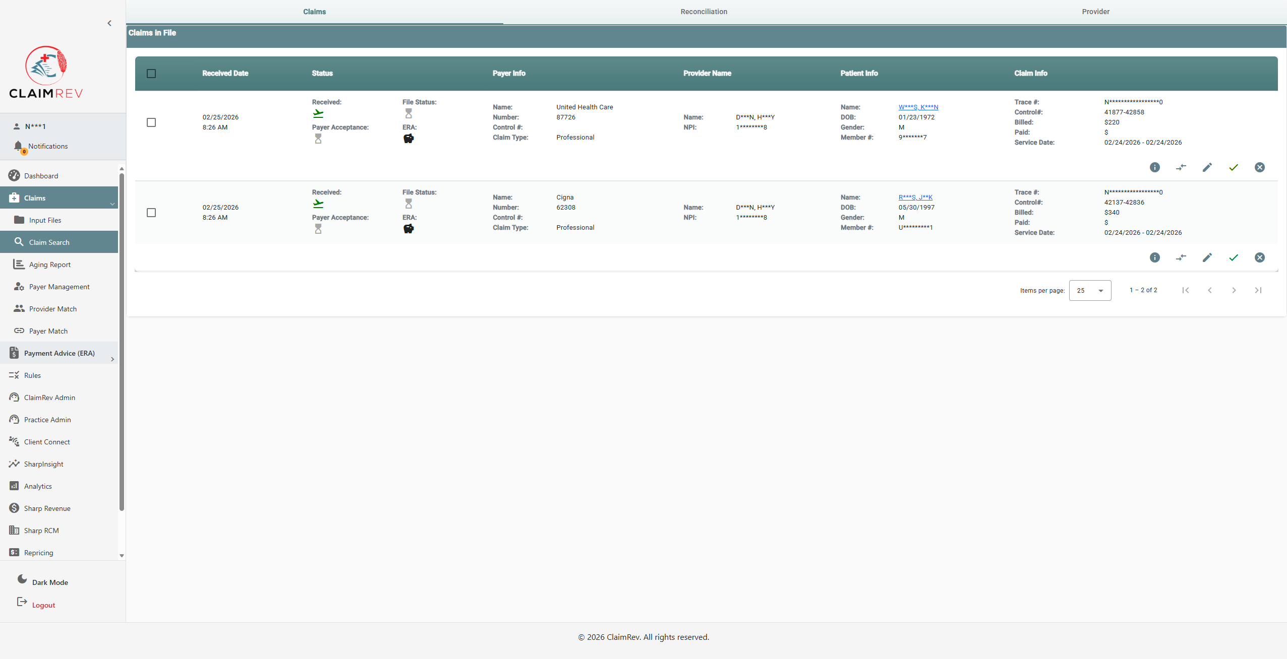 Claims In File view showing processed claims